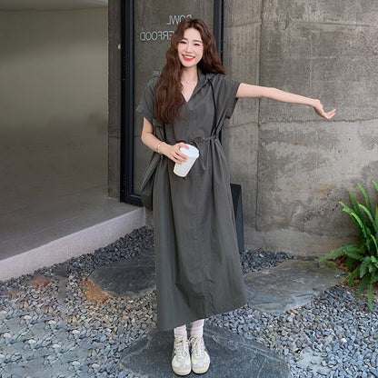 【ワンピース】今季大注目 アメカジ感漂う 半袖 ワークワンピース フード付きロング丈 夏【JZシリーズ】