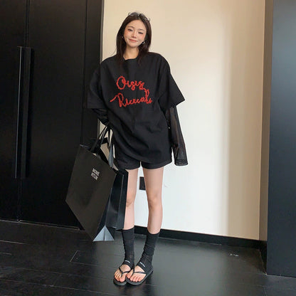 【トップス】Tシャツ レディース レイヤード風 メッシュ切替 長袖 クルーネック シアー素材 モード カジュアル【FCシリーズ】
