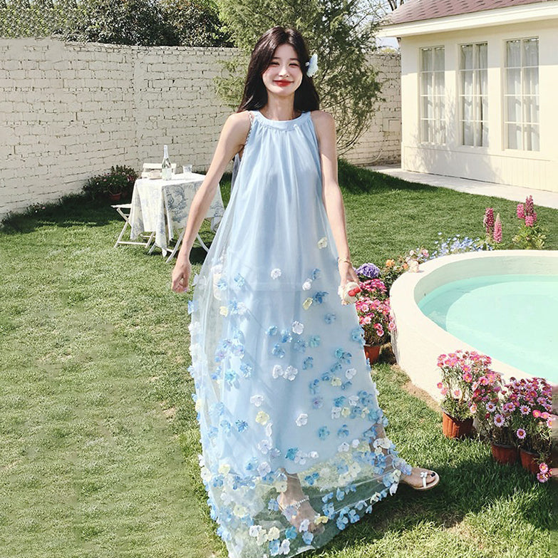 【ワンピース】韓国ファッション ブルー 花柄 ワンピース｜ノースリーブ ティアード ロング丈｜海辺 リゾート ビーチ 撮影用 映えドレス【SHシリーズ】