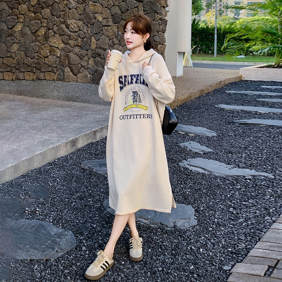 【ワンピース】高級感 韓国風  オフホワイト フード付き長袖ワンピース おしゃれ ゆったりスウェットロングワンピース【JZシリーズ】