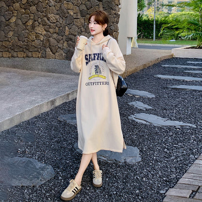 【ワンピース】高級感 韓国風  オフホワイト フード付き長袖ワンピース おしゃれ ゆったりスウェットロングワンピース【JZシリーズ】