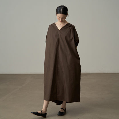 【ワンピース】夏新作 フランス風 Vネック パフ袖 無地ロングドレス 後ろ開き ゆったりシルエット 半袖ワンピース【JZシリーズ】