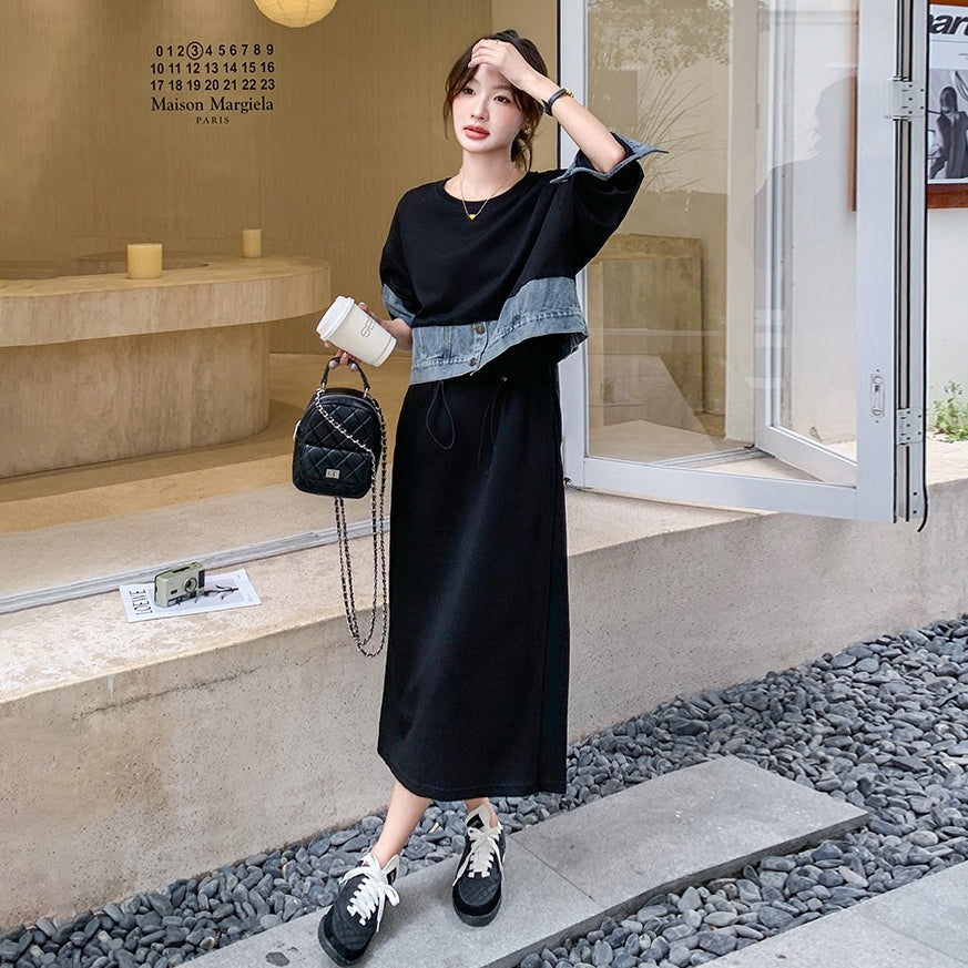 【ワンピース】 春秋 韓国風カジュアル デニム切り替え風フェイクレイヤード 長袖ワンピース レディース 【JZシリーズ】