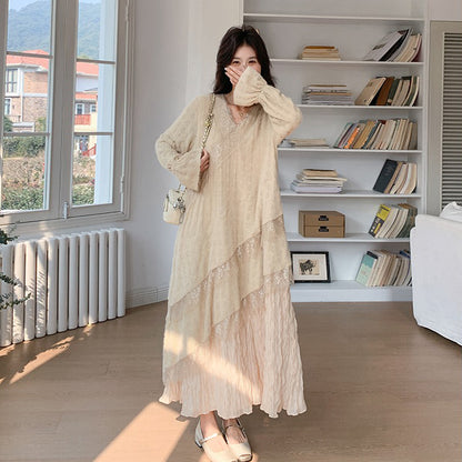 【ワンピース】レンチ風 長袖ワンピース レディース 秋新作 韓国風 優しい雰囲気 人気 気質レース ロング丈 初恋ワンピ【JZシリーズ】