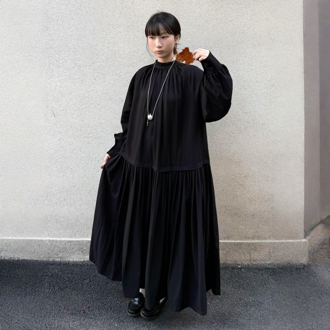 【ワンピース】春 秋 冬 リバーシブル プリーツ切り替え 大振裾 長袖 ワンピース 【JZシリーズ】【30~35日発送】