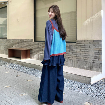 3点セット！【セットアップ】韓国風レトロニットベスト×トップス×ワイドデニムパンツセット レディース 秋コーデ 体型カバー ゆるかわ3点セット【JZシリーズ】