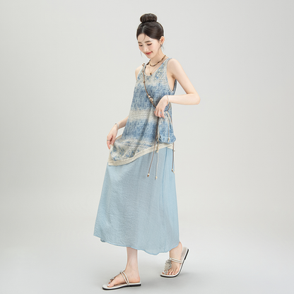 【ワンピース】リゾート風 夏新作 アシンメトリー ストライプタイダイ フェイクレイヤード ノースリーブワンピース【SHシリーズ】