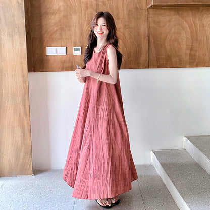 【ワンピース】フレンチ風 ノースリーブピンクワンピース 夏 細見えエレガント ロングドレス【JZシリーズ】