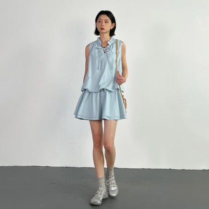 【ワンピース】リゾート風 ブルーワンピース レディース 夏 ノースリーブ フリル ドッキングデザイン バルーンシルエット【FCシリーズ】