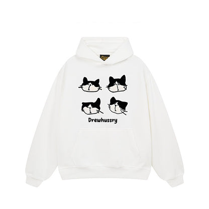 【トップス】🐱カートゥーン猫プリント裏起毛パーカー ユニセックス ペアルック 秋冬 カジュアル【FCシリーズ】