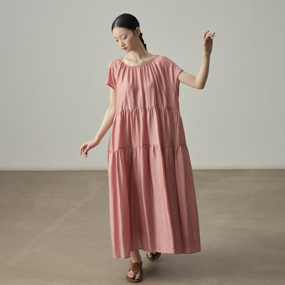 【ワンピース】ワンピース レディース ティアード 半袖ワンピース フリルスリーブ ロング丈 ゆったり フェミニン【JZシリーズ】【10～15日内発送】