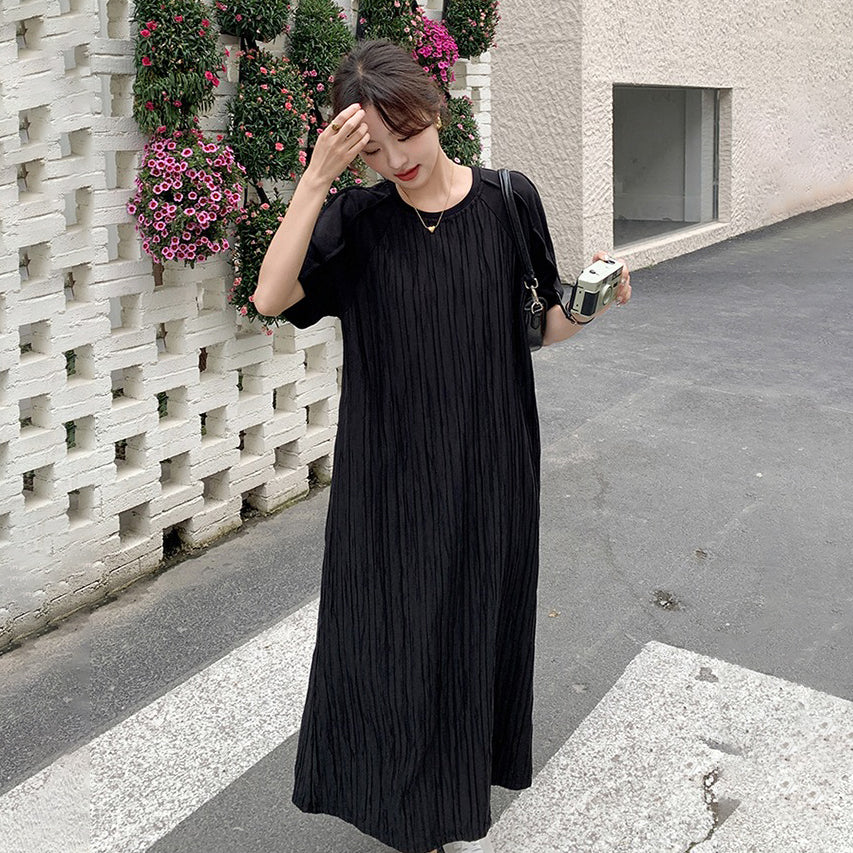 【ワンピース】高見えフレンチ風◎ブラックプリーツ 半袖ワンピース  ゆったり体型カバー【JZシリーズ】