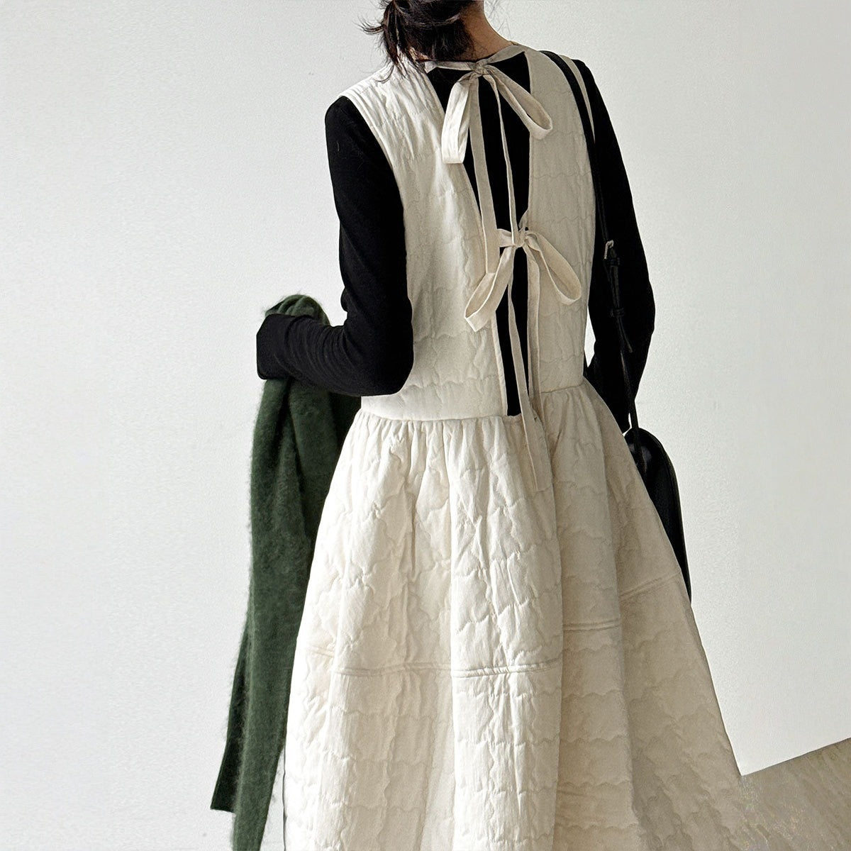 【ワンピース】春 秋 冬 厚手 中綿入り リボン付き ゆったり ロング ノースリーブ ワンピース【JZシリーズ】