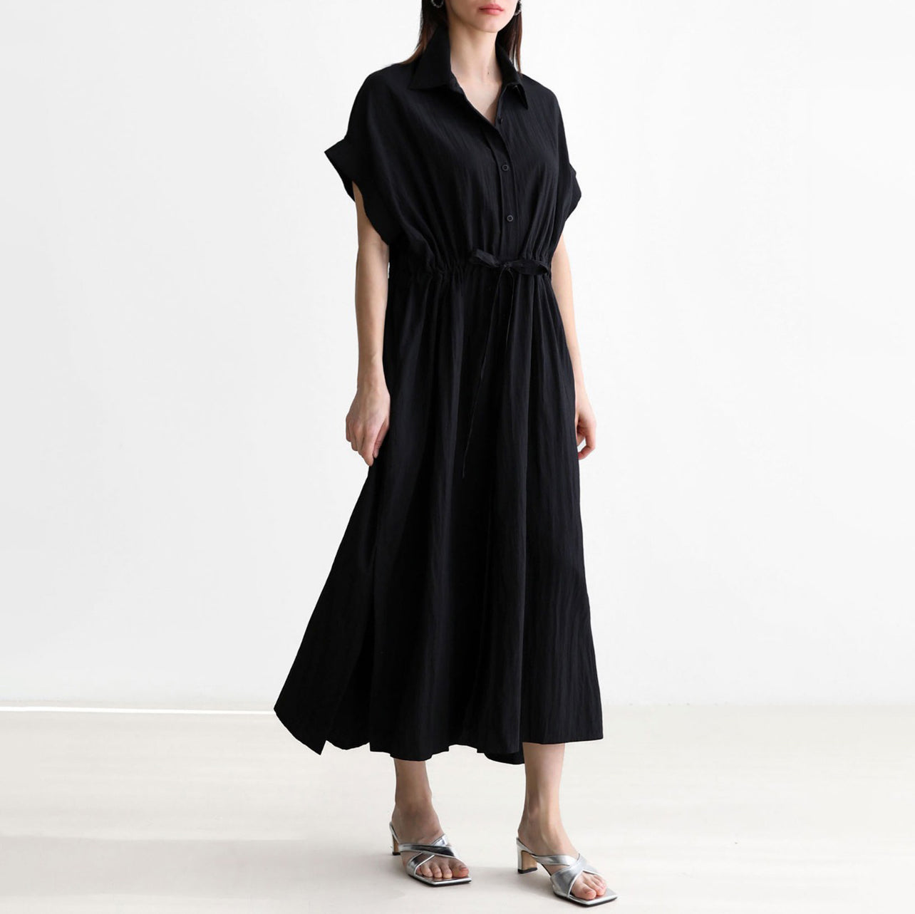 [洋裝] 春秋寬鬆開叉高腰休閒短袖洋裝