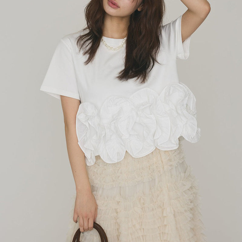 【トップス】Tシャツ 夏 コットン 刺繍デザイン 花モチーフ レース切替 半袖 きれいめ カジュアル【JZシリーズ】