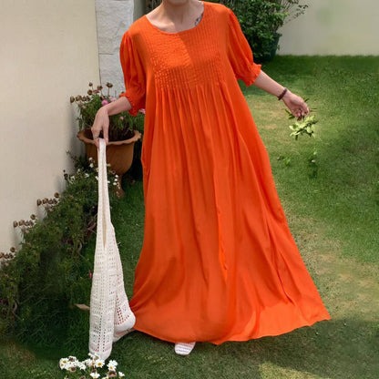 【ワンピース】10色展開 韓国風 レトロ＆アートテイスト ゆったり大きいサイズ 無地 半袖ワンピース