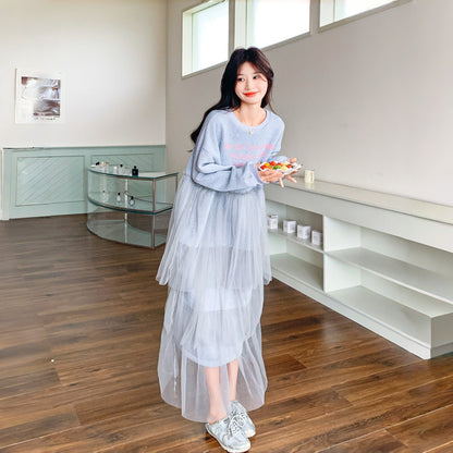 【ワンピース】カジュアル スリム見え チュール ミックス アルファベット 長袖ワンピース【JZシリーズ】