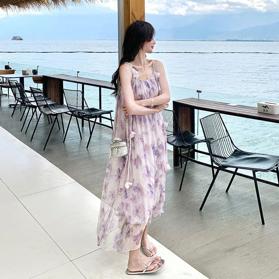 【ワンピース】夏 優しい グラデーション フラワープリント ノースリーブキャミソールワンピース【SHシリーズ】