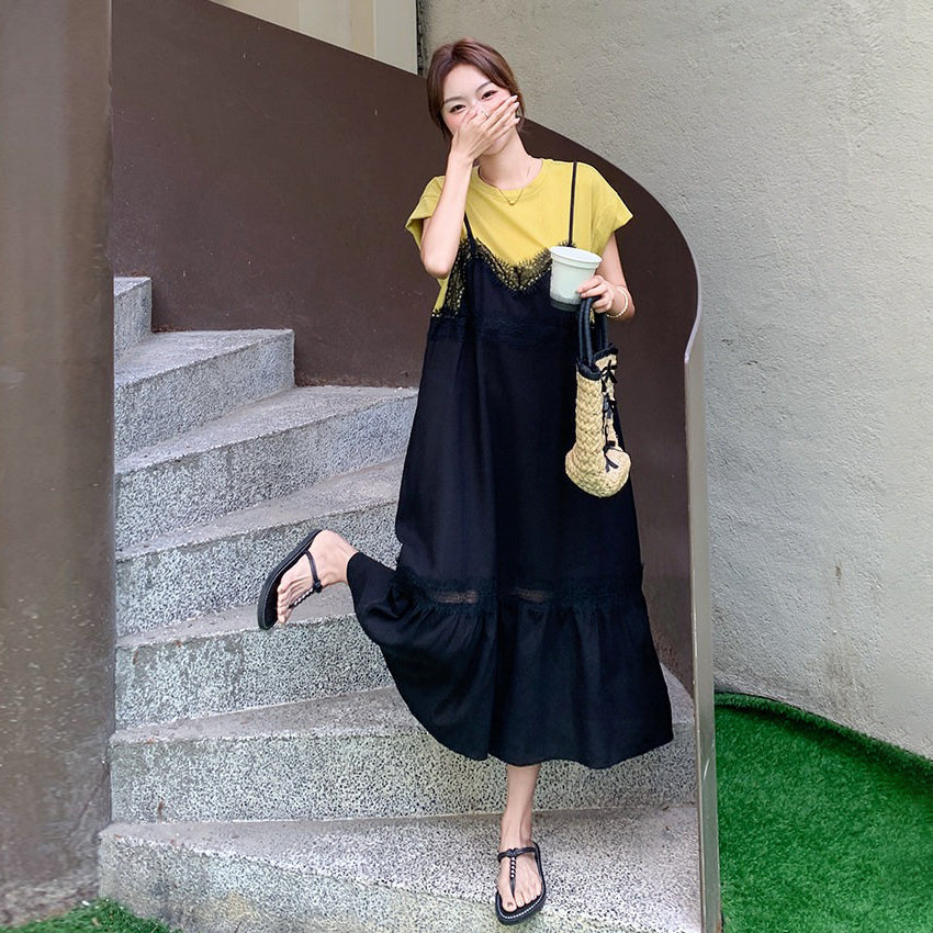 【ワンピース】レース ワンピース レディース 夏 レイヤード風 半袖 ロングワンピース 細見え 人気 韓国風 デザインワンピース【JZシリーズ】