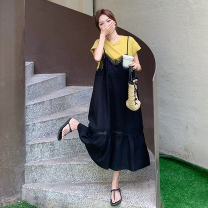 【ワンピース】レース ワンピース レディース 夏 レイヤード風 半袖 ロングワンピース 細見え 人気 韓国風 デザインワンピース【JZシリーズ】
