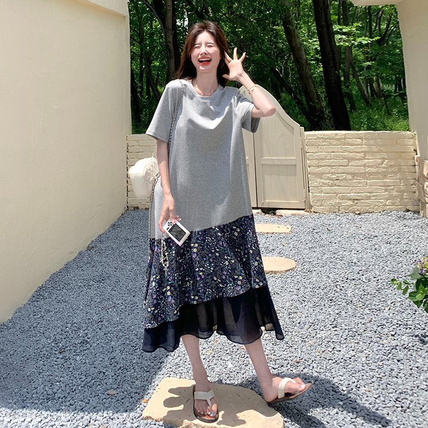 【ワンピース】ワンピース レディース フラワープリント 切替デザイン 半袖 Tシャツワンピース ミディ丈 フレンチレトロ カジュアル【SHシリーズ】