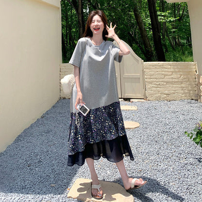【ワンピース】ワンピース レディース フラワープリント 切替デザイン 半袖 Tシャツワンピース ミディ丈 フレンチレトロ カジュアル【SHシリーズ】