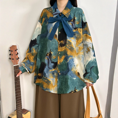 【トップス】カラフル油絵プリント アート感のある 長袖 シャツ 【FCシリーズ】