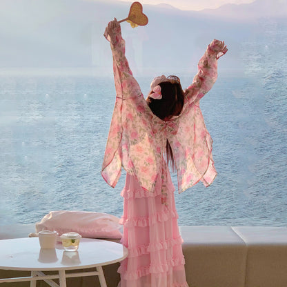 【アウター】UVカット フラワーシャツアウター 春夏 韓国風 ゆったり バックスリットデザイン【SHシリーズ】