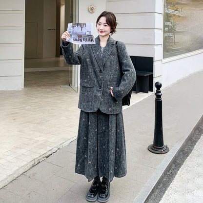 【セットアップ】刺繍入り ウール風 ブレンド ダウンジャケット＆スカート 上下セット 秋冬 ダウンコート【SHシリーズ】【10～15日内発送】