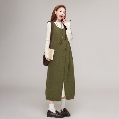 【ワンピース】秋冬 レトロ 森ガール マスタードグリーン ニットサロペットワンピ レディース 重ね着スタイルノースリーブワンピース【JZシリーズ】