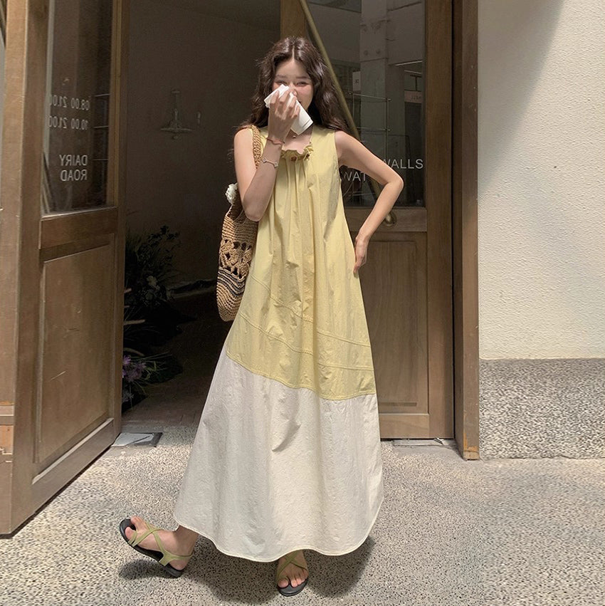 【ワンピース】切り替え ライトイエロー ノースリーブ タンクワンピース レディース 夏 ゆったり スタイルアップ ロング丈【JZシリーズ】