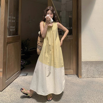 【ワンピース】切り替え ライトイエロー ノースリーブ タンクワンピース レディース 夏 ゆったり スタイルアップ ロング丈【JZシリーズ】