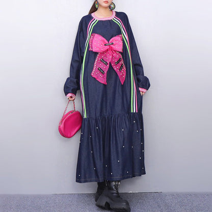 【ワンピース】デザイン感 2026春新作 レディース デニムワンピース リボン＆ビーズ装飾 ゆったりシルエット 着痩せ ロング丈 ファッション 長袖ワンピース
【SHシリーズ】