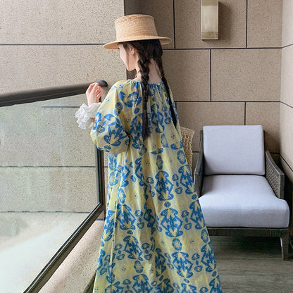 【ワンピース】フラワーワンピース 花柄 半袖 フレンチ風 レトロ ゆったり 体型カバー 細見え ロング丈 気質UP【SHシリーズ】