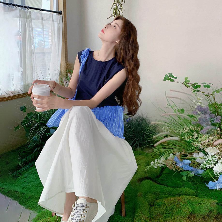 【ワンピース】夏 フレンチ風 お洒落な配色切り替え ノースリーブワンピース 文芸スタイル【SHシリーズ】