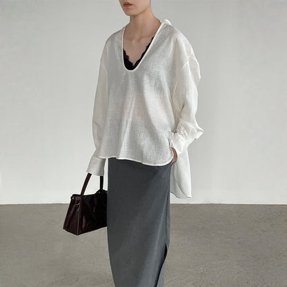 【トップス】深めUネック ミニマル 着回しやすい 上品な雰囲気 シャツ 【JZシリーズ】