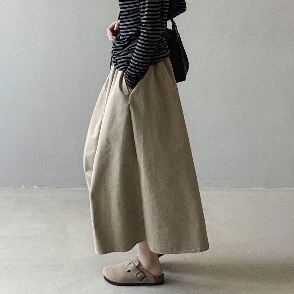 【ボトムス】韓国風 ハイウエスト ワークスカート レディース 秋新作 エレガント シンプル Aライン 細見えミモレ丈スカート【JZシリーズ】