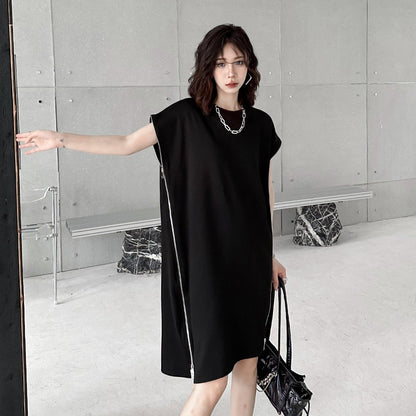 【ワンピース】ダークスタイル サイドジッパー 半袖Tシャツワンピース レディース 夏新作 ゆったり細見え ファッション カジュアルワンピース【AHシリーズ】