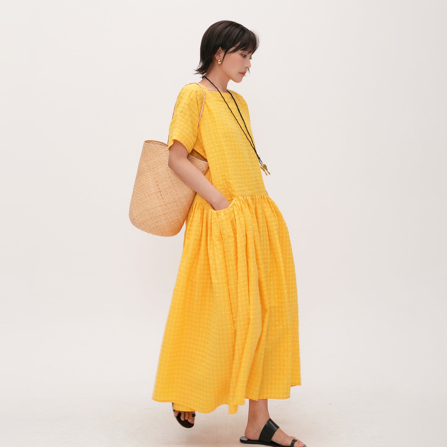 【ワンピース】【15～20日内発送】夏新作 スクエアネック ゆったり半袖ワンピース 薄手ロングドレス 着痩せ効果＆万能コーデ【JZシリーズ】