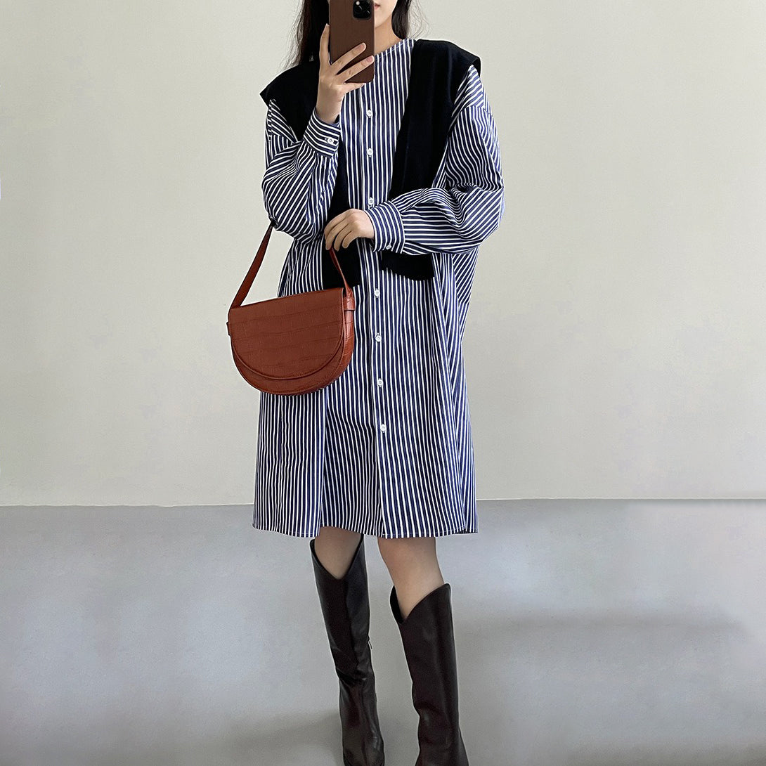 【24AW】【ワンピース】ミドル丈 ストライプ柄 ゆったり シャツ カーディガン 長袖ワンピース【JZシリーズ】