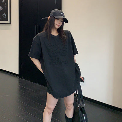 【トップス】ウォッシュ加工 ワッペン刺繍Tシャツ レディース 夏 ルーズ 半袖 ストリート【FCシリーズ】