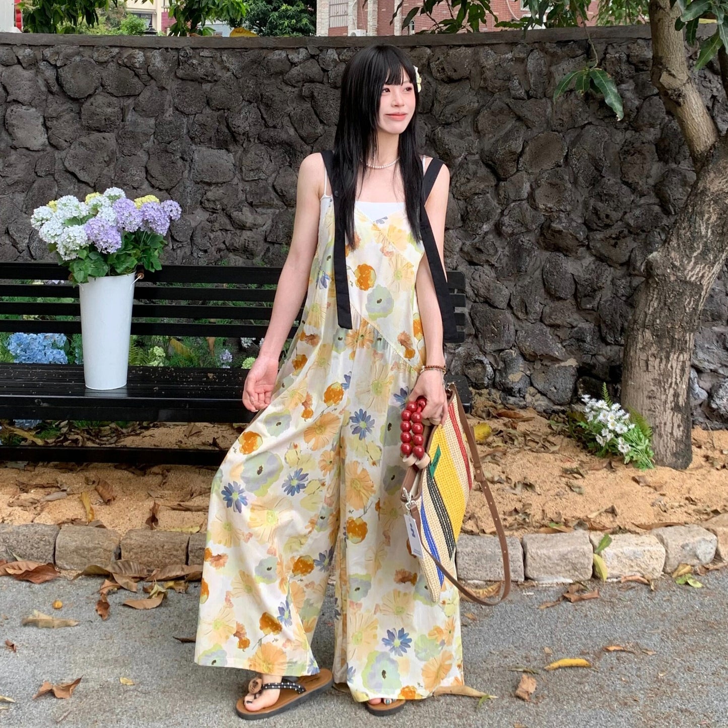 【ボトムス】水彩プリント サロペット レディース 夏 ワイドパンツ ゆったり 体型カバー オールインワン リラックスコーデ 人気【SHシリーズ】