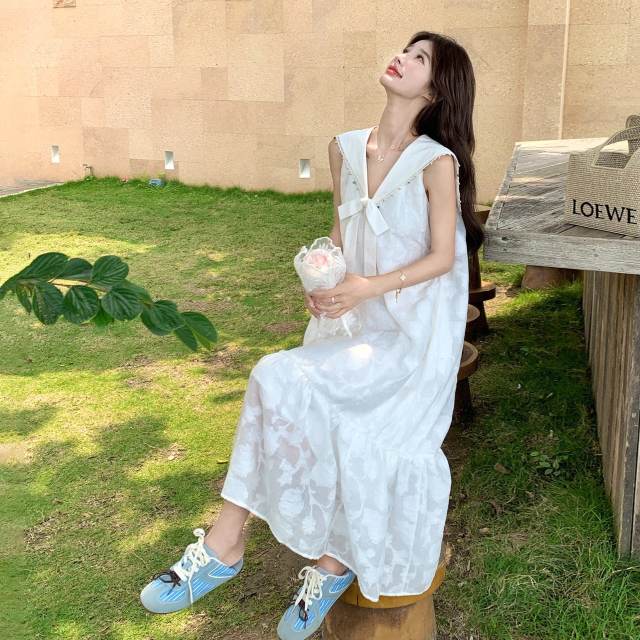 荷葉拼接無袖連衣裙｜夏季寬鬆顯瘦長裙｜法式氣質白色洋裝【JZ系列】