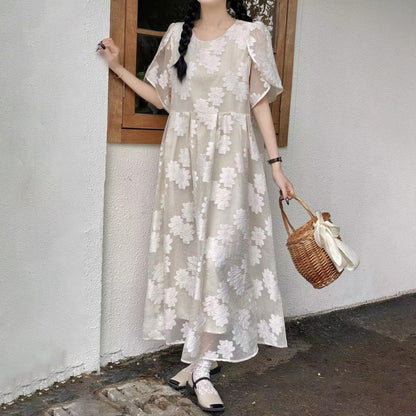 【ワンピース】【3色展開】夏新作 日韓風 大きいサイズ ゆったりシルエット 半袖 花柄ロングワンピース レディース【SHシリーズ】