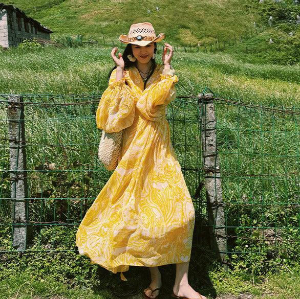 【ワンピース】リゾート風 Vネック ハイウエスト バルーンスリーブ 長袖ワンピース【SHシリーズ】