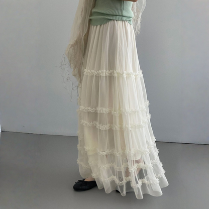 期間限定⭐️60%OFF【ボトムス】韓国風 フリル チュール切替 ロングスカート 【JZシリーズ】