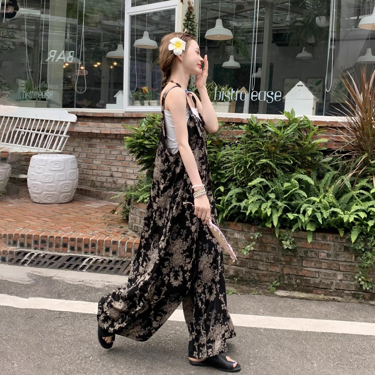 【ボトムス】夏新作 チャイナ風 ゆったりカジュアル ルーズ感たっぷり Vネックキャミオールインワン【SHシリーズ】