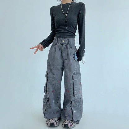 【ボトムス】アメリカンヴィンテージ風 ウォッシュ加工 ペイント風 ワイドストレートカーゴパンツ【FCシリーズ】