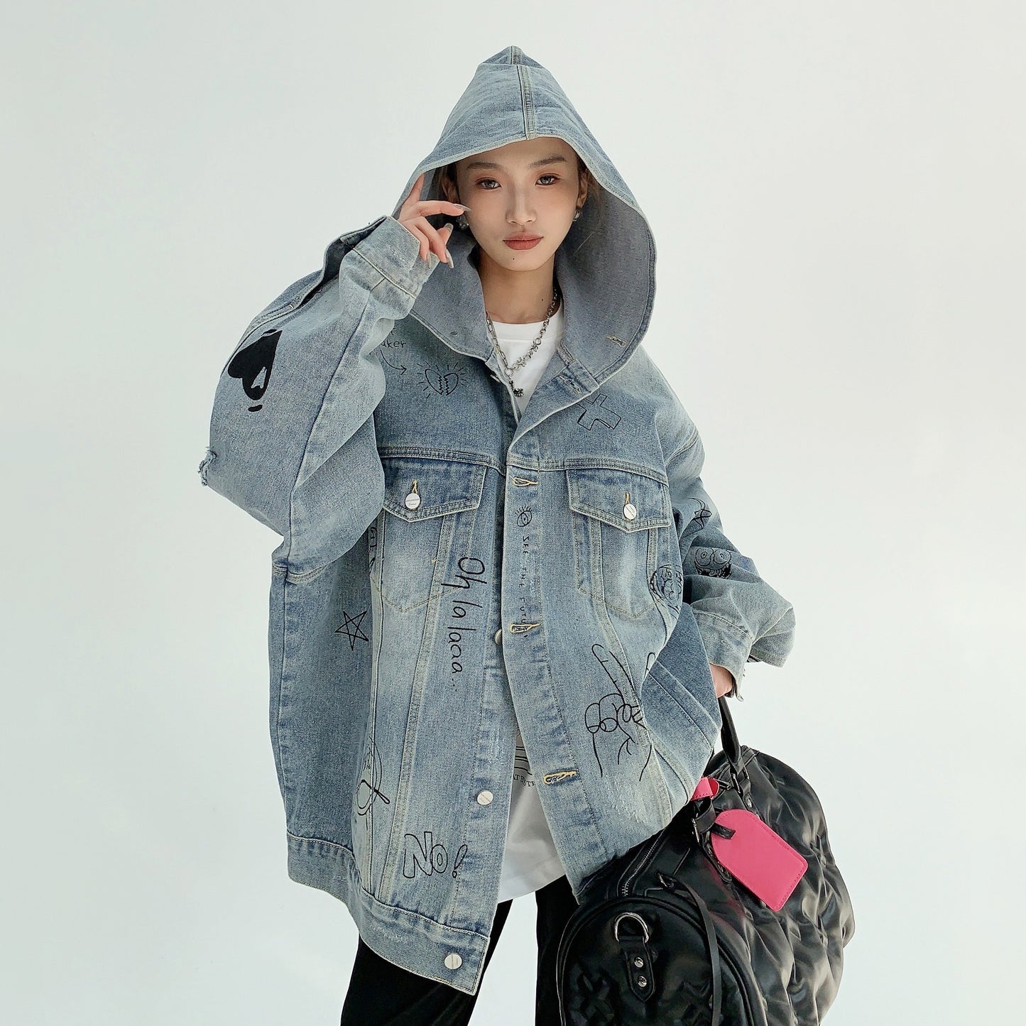 【アウター】春秋 アメリカン 小洒落 ヘビーウェイト カップルジャケット ゆったり レトロデザイン グラフィティ フード付きデニムジャケット【FCシリーズ】