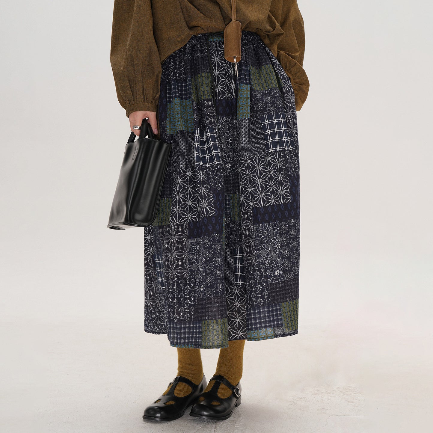 【ボトムス】レトロ 切替 スカート レディース 大きいサイズ ミディアム丈 Aライン フレアスカート チェック パッチワーク ロングスカート 初秋【SHシリーズ】【JZシリーズ】